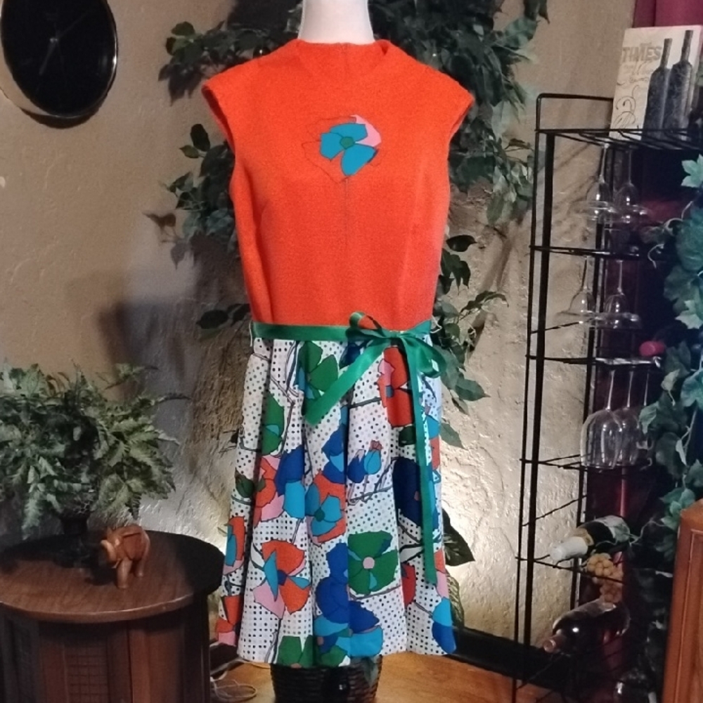 Vintage Vibrant Orange and Unique Floral Midi Circle Dress